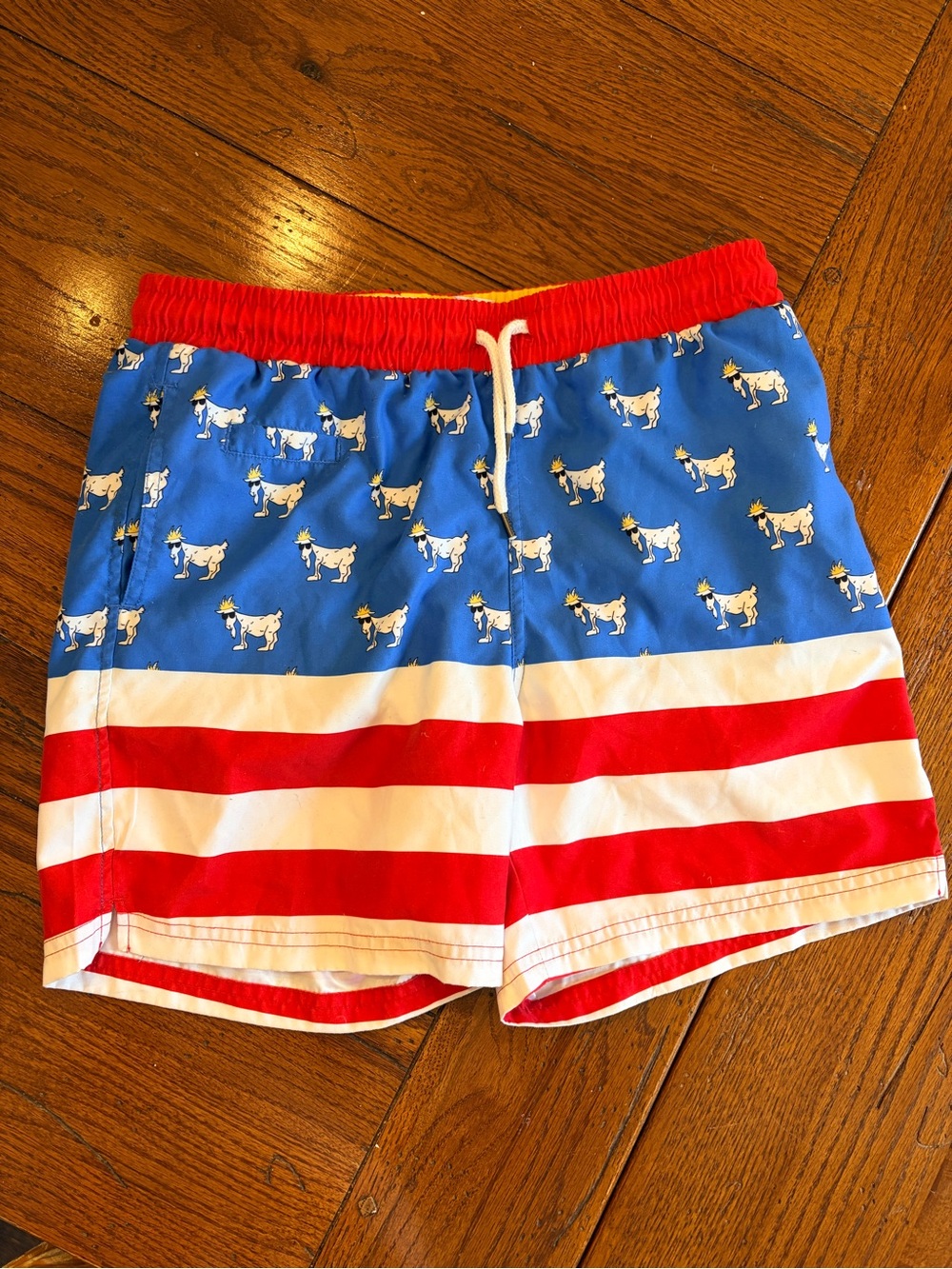 Kids Blue & Red Goat-Print Swim Trunks with Elastic Waist